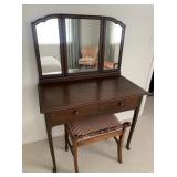 Wooden Vanity Triple Makeup Mirror and Bench