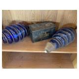 2) Cobalt Blue Glass Lantern Tops, Tobacco Tin