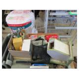 Assorted Lot: Sponges, Squeegee, Birdhouse, Tin