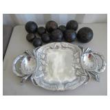 Ornate Metal Crab Tray, Decorative Balls