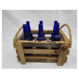 Wood Six Pack Crate With Vintage Blue Bottles