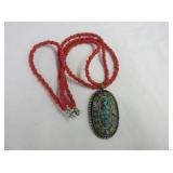 Necklace with Red Beads and Blue Pendant