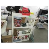 Plastic Shelf, Christmas Tin, Lights, Candles