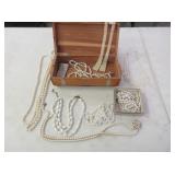 Wooden Box, Faux Pearl Jewelry