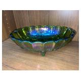 Iridescent Green IN Carnival Glass Footed Bowl