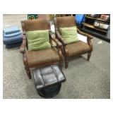 2) Matching Armchairs, Green Cushions, Ottoman