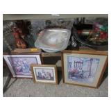 3) Framed Photos, Serving Dishes, Vases, Utensils