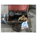 Wooden Box, Large Cast Iron Pots, Pans, Skillets,