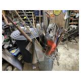 Metal Garbage Can, Poles, Yard Tools