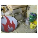 Flame Sign, Folding Chair, Buckets with Contents Flame Sign, Folding Chair, Buckets with Contents