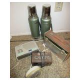 2) Stanley Thermos, Antique Radio, 3) Alarm Clocks 2) Stanley Thermos, Antique Radio, 3) Alarm Clocks