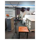 Metal Coat Rack and Wooden Table