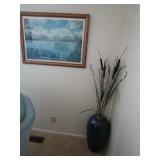 Framed Mountain Photo, Vase, Artificial Plants