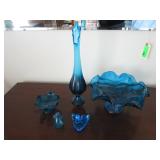 Blue Depression Glass Vase, Dish, Birds