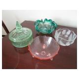 Pink And Green Colored Glass Dishes, Clear Glass