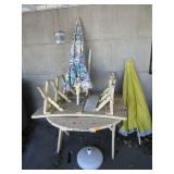 Wood Round Patio Table With 3) Bench's,2) Patio