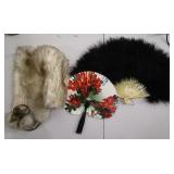 Ladies Feather Fan, Fur Hat, Fan
