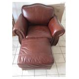 Red Leather Overstuffed Chair and Ottoman