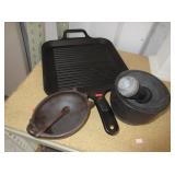 Cast Iron Frying Pan, 2) Molcajetes