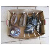 2) Irons, Metal Wall Hangings, Stoneware Jug