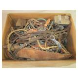 Box of Leather Horse Bridles, Reins, Bits, More