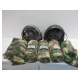 5) Camo Fleese Throw Blankets, 2) Fans