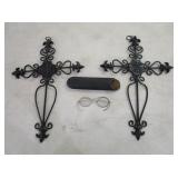 2) Metal Cross Wall Decor, Vintage Specks