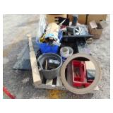 Pallet with: Tool Box, Wood Bannister Pole, Wood