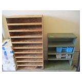 Wood 10 Slot Shelf. Green Metal Shelf. Shur Grip