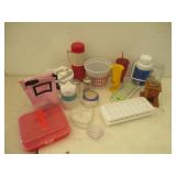 Assorted Kitchenware. Lunch Bag. Popcorn Tub.