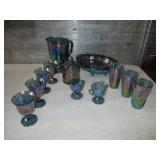 Carnival Glass Pitcher, Cups, Bowl
