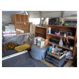 2) Bookshelves, Stool, Wicker Basket, Radios,Skis