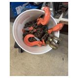 Bucket with four chains with hooks. One 3/8  by 16