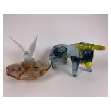 Art Glass Blue Bull Statue & Bird ashtray