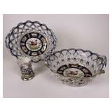 Open lattice handled porcelain bowls