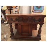 Antique Carved Oak Sideboard With Drawer & Cabinet