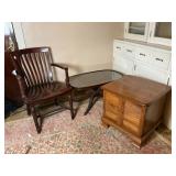Mahogany Chair & Glass-Top Table & Maple Cabinet