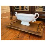 Ornate Wood Tray and Ceramic Bowl