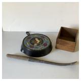 Erie 10 Painted Skillet, Bark Spud, and Wood Crate