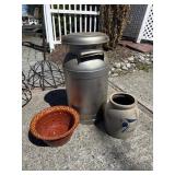 Metal Milk Jug, Crock, and Redware Colander