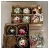 Nine Vintage Christmas Balls and Clip-On Birds