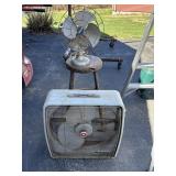 Two Vintage GE and Kenmore Fans with Stool