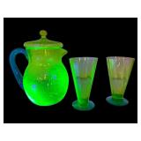 Tiffin Glass Vaseline Glass Pitcher with 2 Glasses