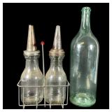 Oil Bottles with Carrier and Large Green Bottle