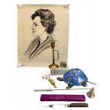 Eclectic Lot: Asprey Knife, Brassware, Lamp, Art