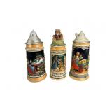 German Beer Stein Trio, 1950s, Relief Scenes