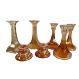 7 Marigold Carnival Glass Candleholders