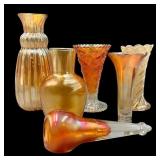 Six Marigold Carnival Glass Vases