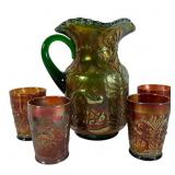 Fenton Fluffy Peacock Pitcher and 4 Tumblers