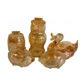 5 Marigold Carnival Glass Coin Banks and Duck